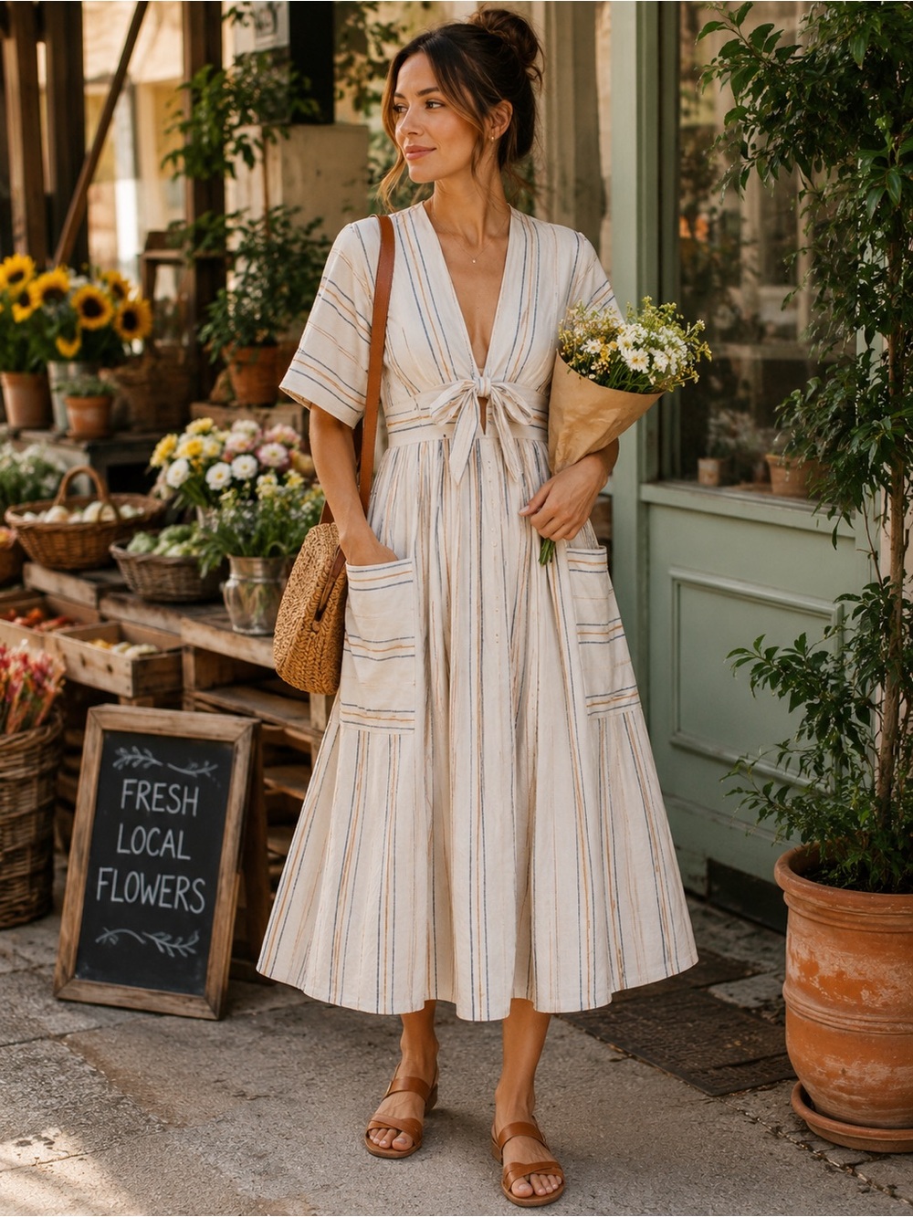 Happy x Nature Kate Hudson Linen Blend Stripe Midi Dress | Pockets - Picture 2 of 7